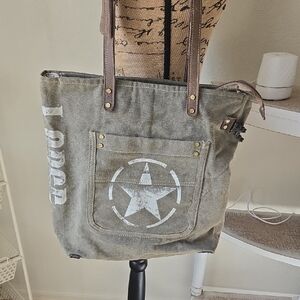 Myra Bag Khaki Canvas Tote with Star and Text